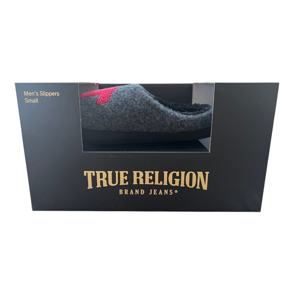 New True Religion Soft House Slippers Gray / Red Logo Men's Size Small 7-8 - Picture 2 of 6